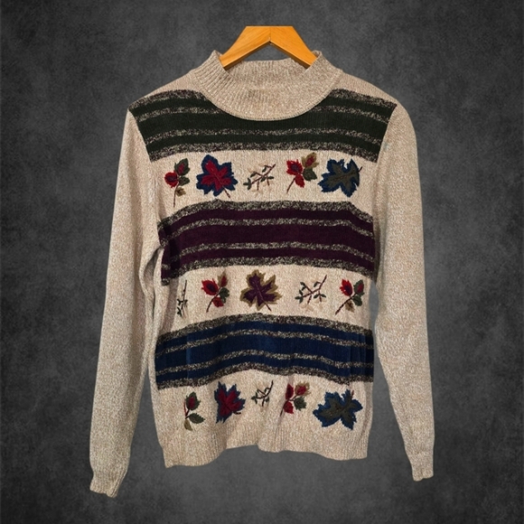 Vintage Fall Floral Leaf Embroidered Women's Sweater - Multicolor - Picture 2 of 3